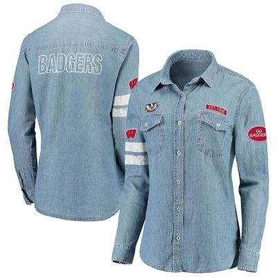 Women's WEAR by Erin Andrews Denim Wisconsin Badgers Patches Long Sleeve Shirt