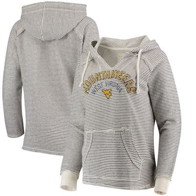 Women's Blue 84 Cream West Virginia Mountaineers Striped French Terry V-Neck Pullover Hoodie