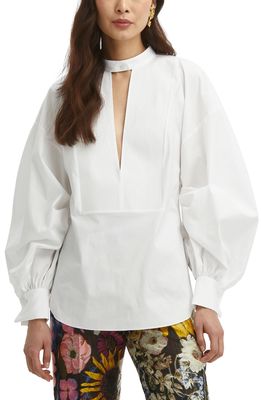 Oscar de la Renta Bishop Sleeve Cotton Blend Poplin Shirt in White