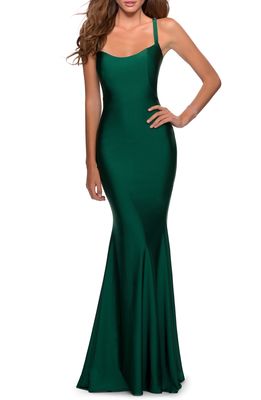 La Femme Lace Up Back Jersey Mermaid Gown in Emerald