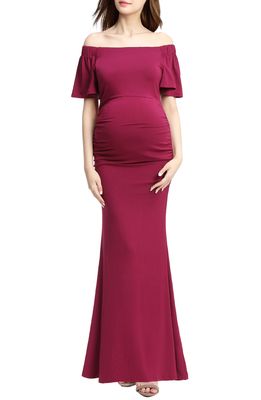 Kimi and Kai Abigail Off the Shoulder Maternity Trumpet Gown in Berry