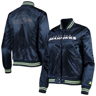 Women's Starter College Navy Seattle Seahawks Varsity Lover Satin Full-Snap Jacket