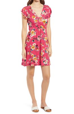 Loveappella Floral Wrap Front Flutter Sleeve Dress in Coral