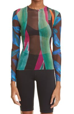 Louisa Ballou Combo Print Long Sleeve Mesh Cover-Up Top in Blue Orchid/Birds Of Paradise