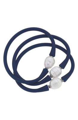 Canvas Jewelry Set of 3 Bali Freshwater Pearl Silicone Bracelets in Navy