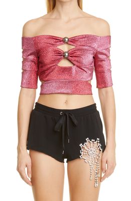 Area Banded Off the Shoulder Knit Crop Top in Pink/Red