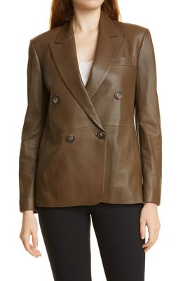 Vince Double Breasted Leather Blazer in Olivewood