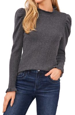 CeCe Ruffle Trim Ribbed Mock Neck Sweater in Medium Heather Grey