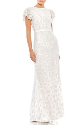 Mac Duggal Floral Sequin Cap Sleeve Mesh Gown in White