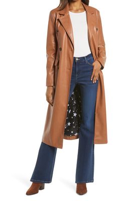 Avec Les Filles Double Breasted Faux Leather Trench Coat in Camel