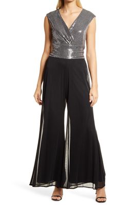 CAxLZ by Connected Apparel Jennifer Sequin & Chiffon Jumpsuit in Silver