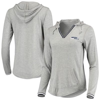 Women's Antigua Heathered Gray Seattle Seahawks Warm-Up Tri-Blend Hoodie Long Sleeve V-Neck T-Shirt in Heather Gray