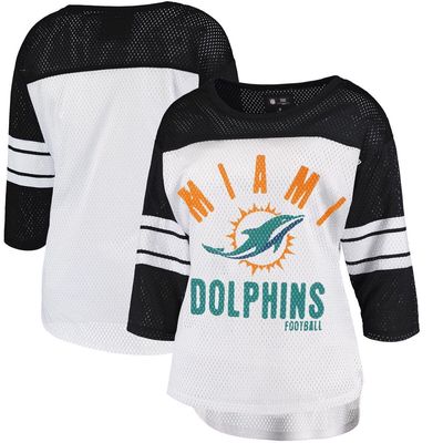 Women's G-III 4Her by Carl Banks White/Black Miami Dolphins First Team Three-Quarter Sleeve Mesh T-Shirt
