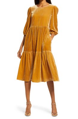 Charles Henry Tie Back Tiered Midi Dress in Gold