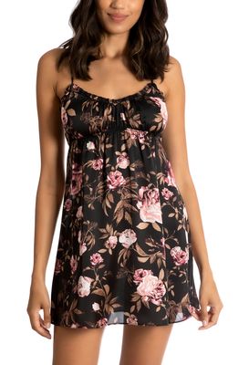 Midnight Bakery Floral Satin Chemise in Rosey Date/Black