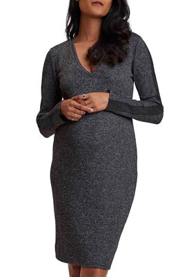 Stowaway Collection Long Sleeve Faux Suede Trim Maternity Dress in Dark Grey Melange