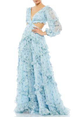 Mac Duggal Ruffle Cutout Long Sleeve Chiffon Gown in Powder Blue