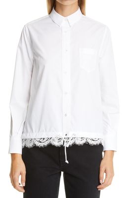 Sacai Lace Trim Poplin Button-Up Shirt in White