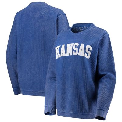 Women's Pressbox Royal Kansas Jayhawks Comfy Cord Vintage Wash Basic Arch Pullover Sweatshirt