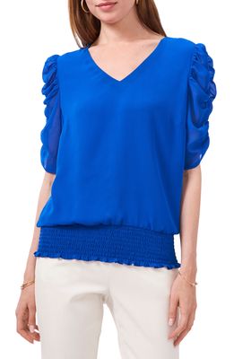 Chaus Ruched Sleeve V-Neck Blouse in Electric Glow