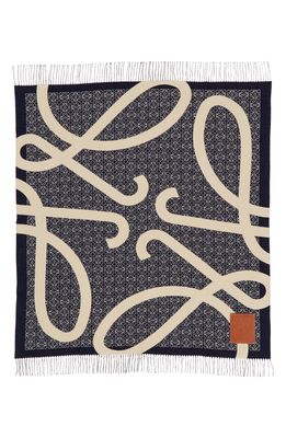 Loewe Anagram Logo Jacquard Wool Throw Blanket in Navy Blue