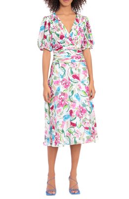Maggy London Pintuck Floral Print Midi Dress in Soft White/Berry