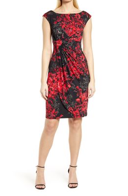 Connected Apparel Printed Faux Wrap Dress in Red