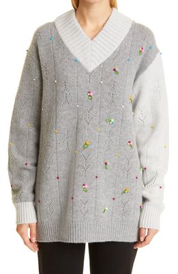 YanYan Rosie Oversize Pointelle Lambswool Sweater in Grey