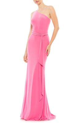 Mac Duggal One-Shoulder Jersey Sheath Gown in Candy Pink