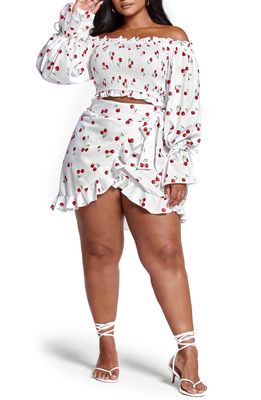 Fashion to Figure Off the Shoulder Cherry Print Crop Top in White