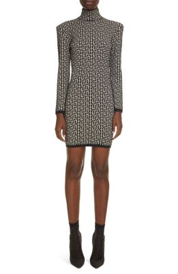 Balmain Monogram Jacquard Long Sleeve Wool Blend Minidress in Ivoire /Noir