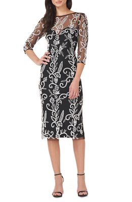 JS Collections Beaded Midi Cocktail Dress in Black/Ivory
