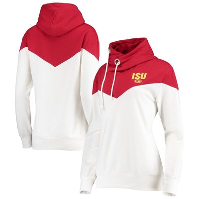 Women's Gameday Couture White/Crimson Iowa State Cyclones Old School Arrow Blocked Cowl Neck Tri-Blend Pullover Hoodie