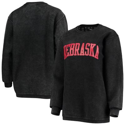 Women's Pressbox Black Nebraska Huskers Comfy Cord Vintage Wash Basic Arch Pullover Sweatshirt