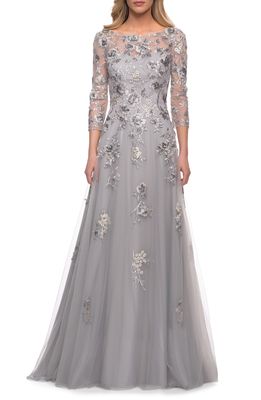 La Femme Beaded Lace Tulle A-Line Gown in Silver