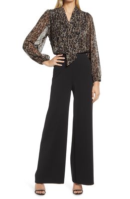 Connected Apparel Tie Neck Long Sleeve Jumpsuit in Black