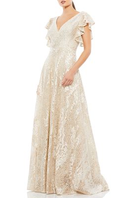 Mac Duggal Embellished Flutter Sleeve Lace A-Line Gown in Ivory Nude