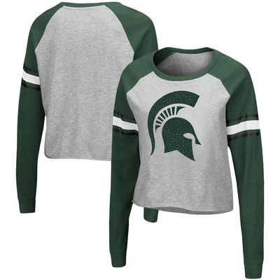 Women's Colosseum Heathered Gray/Green Michigan State Spartans Decoder Pin Raglan Long Sleeve T-Shirt in Heather Gray