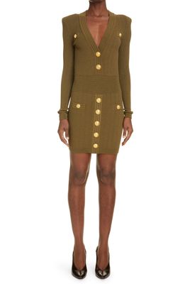 Balmain Rib Long Sleeve Body-Con Sweater Minidress in 7Aq Kaki