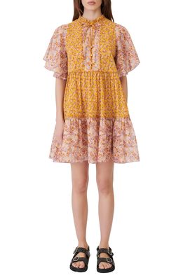maje Rissolette Floral Cotton Voile Babydoll Dress in Orange