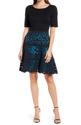 Shani Laser Cut Ponte Fit & Flare Dress in Black/Blue