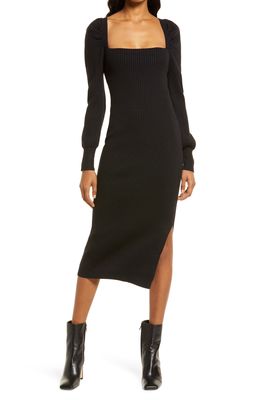 Charles Henry Square Neck Tie Back Puff Long Sleeve Sweater Dress in Black