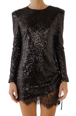 Endless Rose Sequin & Lace Long Sleeve Minidress in Black