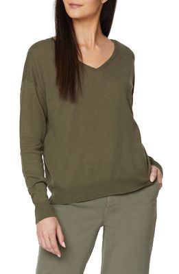 NYDJ Double V-Neck Linen Blend Sweater in Moss