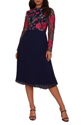 Chi Chi London Floral Embroidered Long Sleeve Midi Dress in Navy