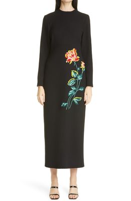 Lela Rose Floral Embroidered Long Sleeve Wool Blend Crepe Column Dress in Black