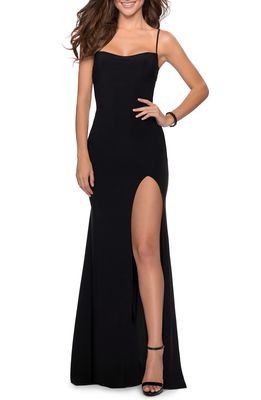 La Femme Spaghetti Strap Jersey Gown in Black