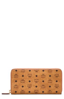 MCM Large Viestos Faux-Leather Zip Wallet in Cognac