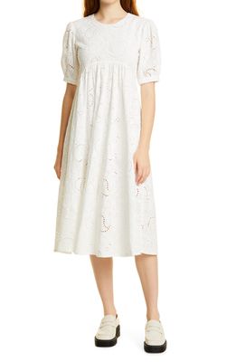Birgitte Herskind Isolde Puff Sleeve Organic Cotton Eyelet Midi Dress in White