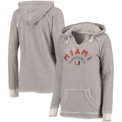 Women's Blue 84 Cream Miami Hurricanes Striped French Terry V-Neck Hoodie